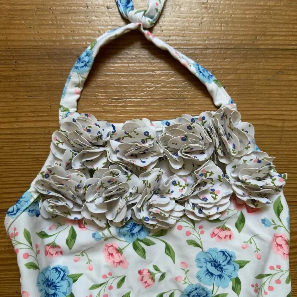 Mudpie Baby‎ white floral halter ruffle one piece swimsuit SIZE 12M